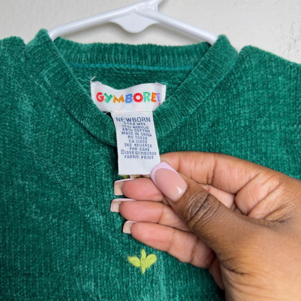 VTG 1998 Gymboree Baby Cotton Cardigan 3-6M Green Floral Embroidered Chenille